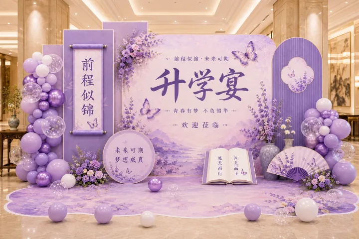 成都升学宴紫色主题背景与气球布置