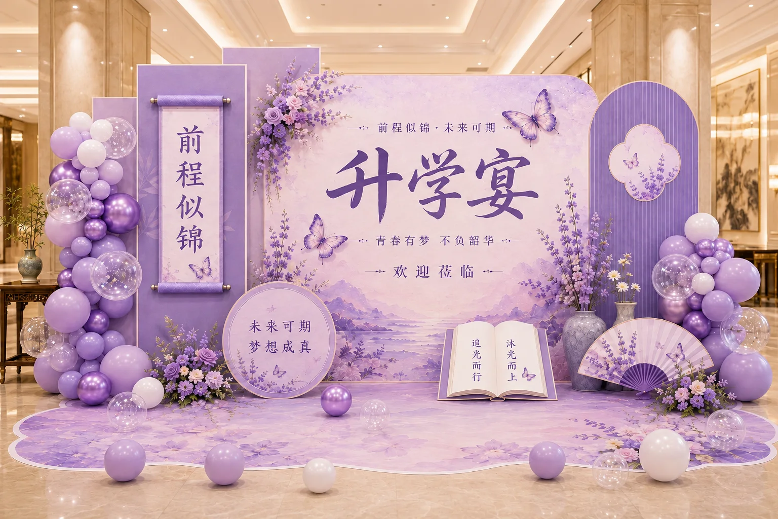 成都升学宴紫色主题背景与气球布置