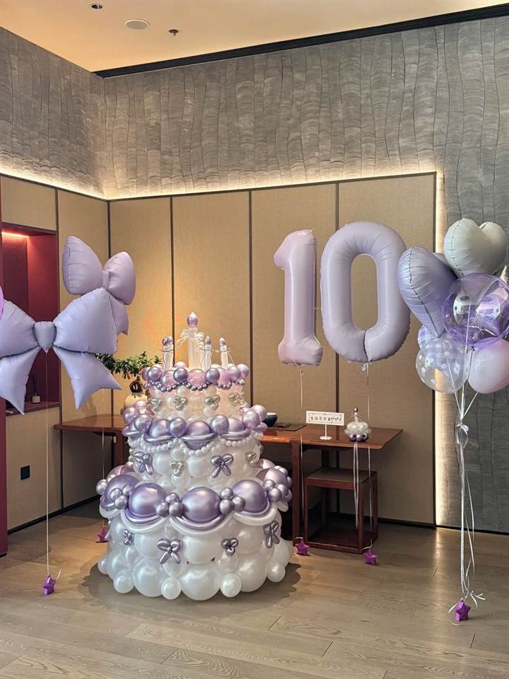 10岁生日布置｜紫白公主蛋糕气球主题场景参考图片