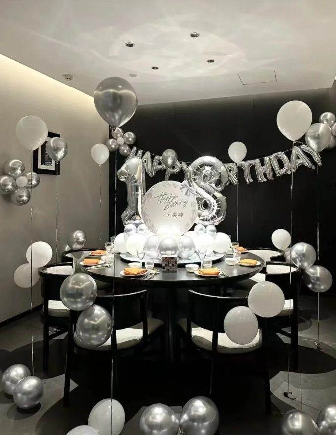 18岁生日布置｜银黑气球包间场景场景参考图片